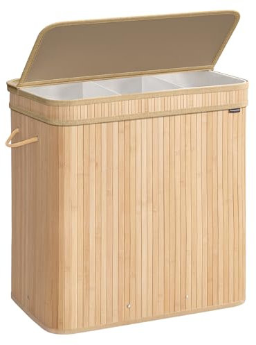 SONGMICS Wäschekorb mit Deckel, Wäschesammler Bambus, Wäschesack herausnehmbar und maschinenwaschbar, mit Griffen, 150 Liter, für Waschküche, Schlafzimmer, Wohnzimmer, naturbeige LCB062N01