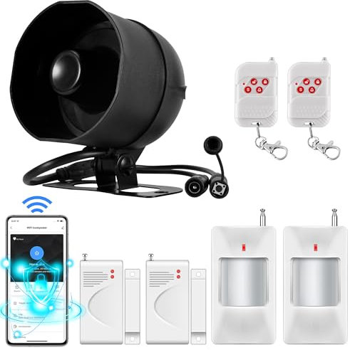 Sistema di allarme Kit WIFI, Allarme Casa da 120 dB con sensore di movimento, sensore per porte e finestre e Telecomando, Antifurto Sistema di Allarme per capannoni, camper, garage(Nero)