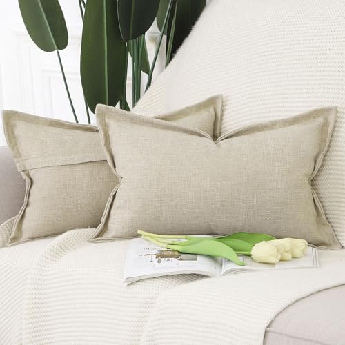 Madizz Set of 2 Linen Cushion Covers with Broad Edge Soft Boho Decorative Pillow Cases for Sofa Bedroom Modern Pillow Shell 12x20 inch, 30x50 cm Beige
