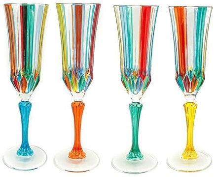 CC Zecchin Lot de 4 flûtes à champagne de Murano avec pied bleu rouge orange peint à la main
