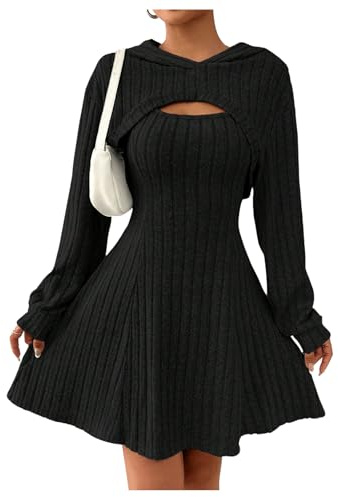 SweatyRocks Damen Strick Zweiteiler Tank Kleid Mit Pullover 2 Teiler Crop Hoodie Mit Kapuze A Linien Kleid Langarm Kleid Winter Schwarz L
