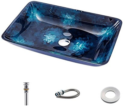 VNNHGB Badezimmer-Waschbecken, Aufsatzwaschbecken, Vintage-Stil, handbemalte Kunst, Aufsatzwaschbecken für Badezimmer, blaues Glaswaschbecken, Einzelbecken, Shamp