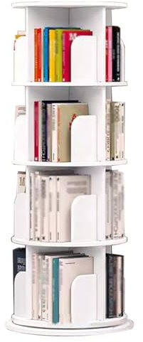Drehbares Bücherregal mit 6 Etagen, rund, drehbar, 360 Grad drehbar, bodenstehend, Eckregal für Wohnzimmer, Weiß (40 x 128 cm)