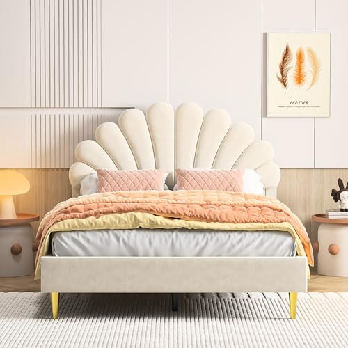 RWUDV Polsterbett Kinderbett 140x200 cm, Mädchen Bett, Doppelbett für Mädchen, Bettgestell mit Kopfteil in Blumenform und Lattenrost, Jugendbett 140x200 aus Massivholz und Samt, Ohne Matratze, Beige