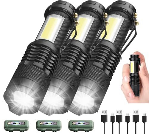 POCKETMAN Lot de 3 mini lampes de poche LED avec clip, 3 modes d'éclairage, zoomable, lumière latérale COB super lumineuse, chargement USB, lampe de poche compacte étanche pour l'extérieur, les