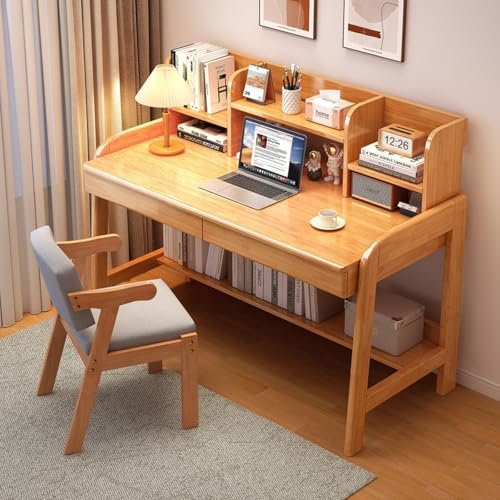 SDCGB Massiver Eichen Schreibtisch mit Schubladen & Hutch, Moderner Heimbüro Schreibtisch mit Stauraum für Teens Studenten, Holz Computertisch für Schlafzimmer(31 Inch, Natural)