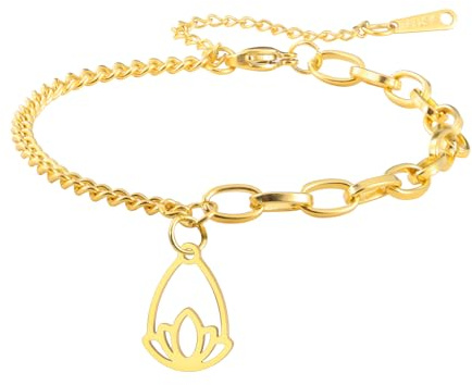 Dreamtimes Lotus Blume Fußkettchen für Frauen Zierlich Strand Fußkettchen Schmuck Edelstahl Verstellbare Fußkette Lotus Schmuck (Gold-3)