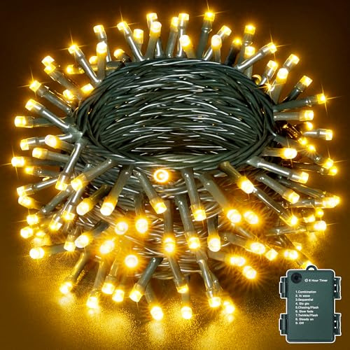 Ollny Lichterkette Außen Batterie Outdoor 15M 150 LED Warmweiß, 8 Modi Timer IP44 Wasserdichte Lichterkette Batterie für Innen Außen, Garten, Hochzeit, Party, Weihnachtsbaum (Grünes Kabel)