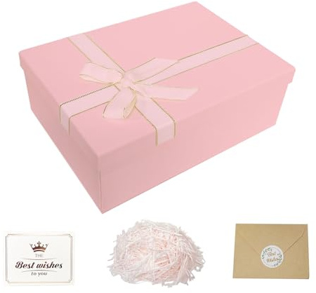 Guartinx Geschenkbox Mit Deckel Groß 29x22x10.5, Rosa Geschenkbox mit Schleifen, Raffia, Grußkarten, Geschenke Box Set für Geburtstage Hochzeiten Valentinstag Muttertag Halloween Weihnachten(Rosa-M)