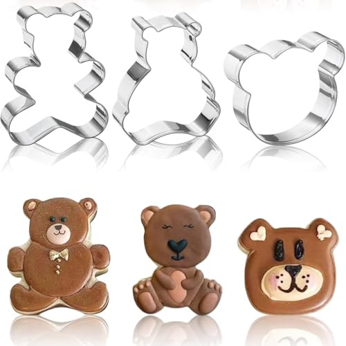 3-Piece Stainless Steel Cookie Cutters, Bear Shape Design for Kids Baking and Fondant Decoration, Dishwasher Safe and Durable