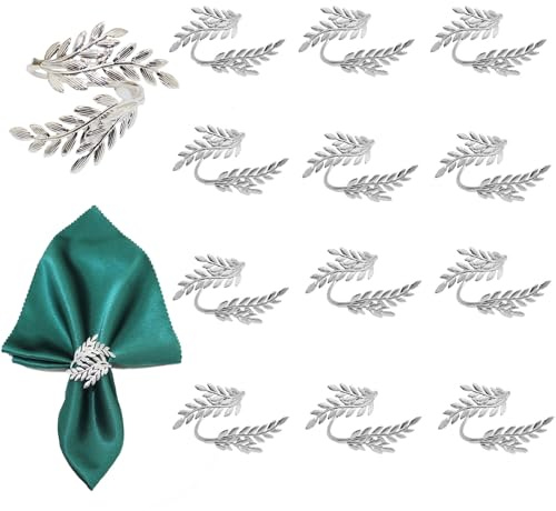 Ruikdly 12 Pezzi Anelli Portatovaglioli Argento in Metallo, Portatovaglioli Rustico con Foglie di Grano, Anelli per Tovaglioli da Tavola per Natale, Matrimonio, Festa, Tavolo Decorazione