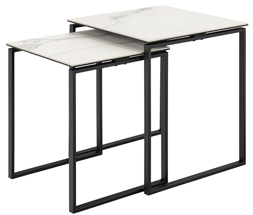 AC Design Furniture Jannis Akranes Table Basse carrée, Plateau de Table Blanc en céramique Rugueuse, Structure en Acier laqué Mat, Noir, Rugueux, avec Jeu de 2 pièces, 50 x 50 x 55 cm