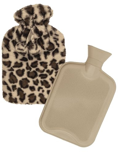 Out of the blue Wärmflasche mit Plüschüberzug & Bommeln im Leo-Design - 1,7 Liter - Bezug aus 100% Polyester - Mit Aufhängehaken - Trendiges Kuschel-Highlight für kalte Tage