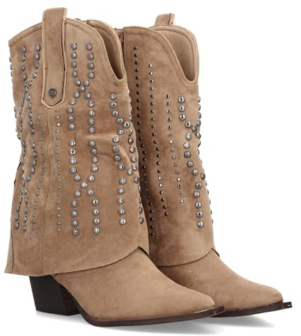 97670 Botin Cowboy para Mujer con Diseno campero. Tachuelas metalicas, Punta Fina y Tacon. Ideal para la Temporada Otono Invierno. Beige Talla 39