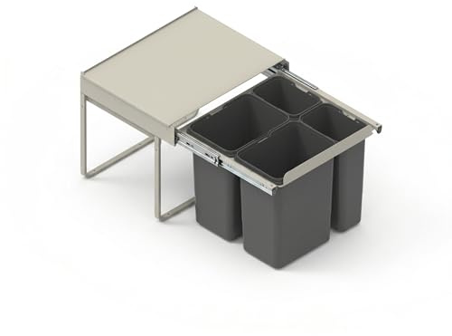 FurniFit Pattumiera Differenziata Estraibile per Mobile da 60 cm 4 Secchi (2x 15L + 2x 7L) con Coperchio Chiusura Soft-Close ed Estrazione Totale 56,4 x 50,5 x 34,5 cm Montaggio Frontale Argento
