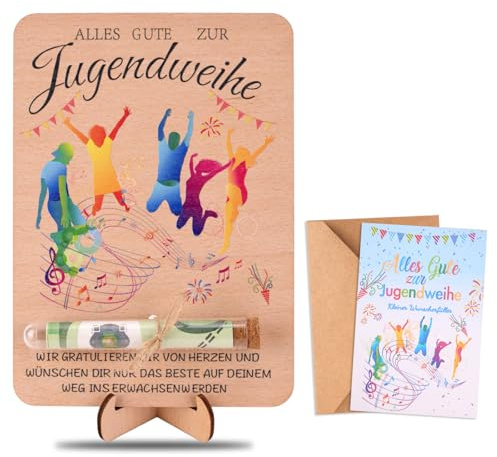 Zidoley Geldgeschenk Jugendweihe, Geldgeschenk Mit Grußkarte Und Reagenzglas, Jugendweihe Geldgeschenke Aus Holz mit Ständer Für Jungen Mädchen, Verpackung Für Geldgeschenke