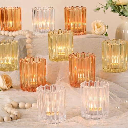 HAVITI Votive Candle Holder, Orange Ribbed Votive Candle Holders Set of 12, Mixed Color Tealight Candle Holder for Wedding Centerpieces Dinner Party Table Decor