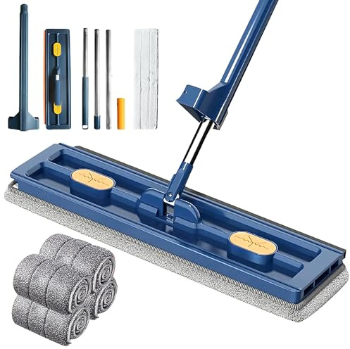 Großer Flachmopp mit Auswringfunktion, dellyy Flachmopp, 360° Drehgelenk Bodenwischer Wischmopp Set, Nass- & Trockenmopps für den Haushalt, mit 4 Mikrofaser-Wischpads (Blau)