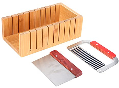 XGOUGUAAU Juego de herramientas para cortar jabón con cuchillas de acero inoxidable rectas y onduladas, molde de madera para cortar pan para jabón, pasteles y chocolate hecho en casa, guía d