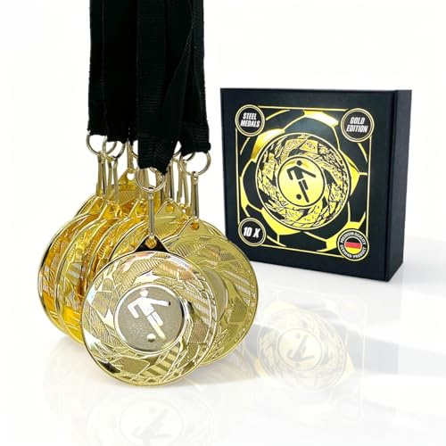 eve-nt Fußball Medaillen Set - 10/20/30/50/100 Stück - Durchmesser 50 mm goldfarben - Metall Medaillen mit schwarzem Band - Sieger Auszeichnung für Fußballturniere & Sport
