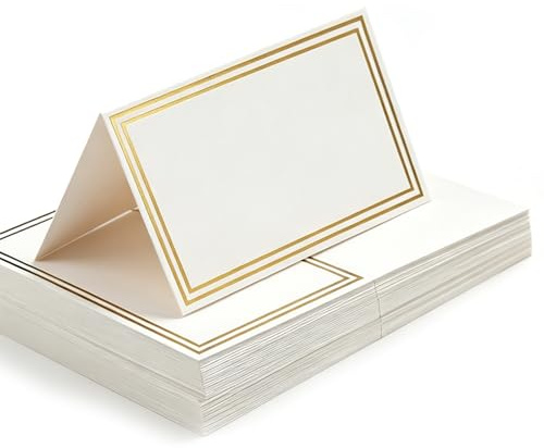50PCS Name Cards for Table Setting,2x3.5in Folded Wedding Table Place Cards | White Blank Tent Card with Double Foil Gold Border,for Birthday Party Dinners Banquets Events Reception Seating Accessories