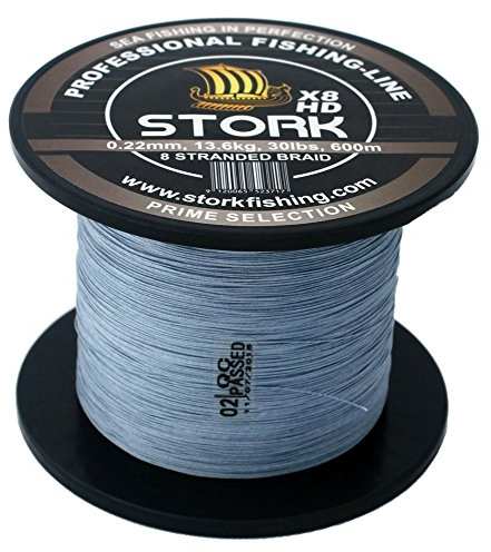 Stork HDx8 Fil de pêche tressé, 8 brins, de qualité supérieure, 600 m, gris clair, 13,6 kg, 0,22 mm