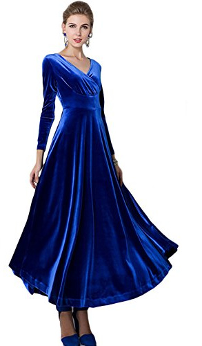 Urban GoCo Mujeres Vestidos Terciopelo Largo Elegante V-Cuello Manga Larga Maxi Vestidos para Cóctel Fiesta (2XL, Real Azul)