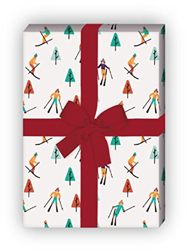 Kartenkaufrausch Lustiges Winter Weihnachtspapier Set, Dekor Geschenkpapier mit Skifahrern Musterpapier, Designpapier zum Einpacken, basteln, 4 Bögen, 32 x 48cm, kleines Muster