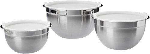 Amazon Basics Rührschüsseln, 1.5 quarts Edelstahl, 3teiliges Set, Silber, Weiß
