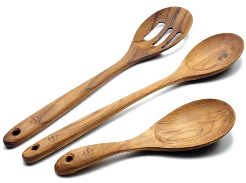 FAAY 3-In-1 Wooden Spoons Handcrafted Golden Teak Kitchen Utensils Including 13.5 Inch Cooking Spoon, Slotted Spoon and 9 Inch Versatile Spoon, 100% Natural & Eco Friendly with Ergonomic Handle