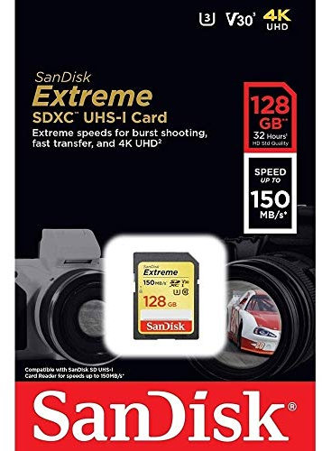 SanDisk Extreme SDXC Memory Card, Up to 150 MB/s, Class 10, U3, V30, 128 GB (Pack of 1)