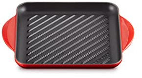 LE CREUSET Quadratische Grillplatte aus Gusseisen mit Hilfsgriff, 24 cm, Kirschrot, 20205240600460