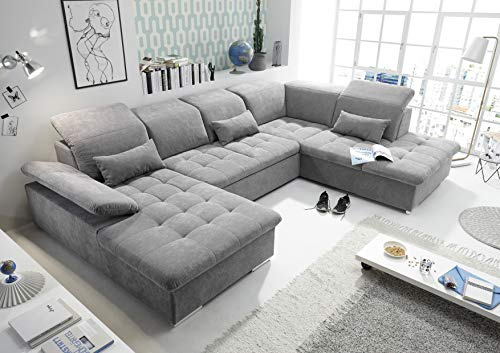 Stella Trading WAYNE Wohnlandschaft in U-Form, Stoffbezug Dunkelgrau - Ausziehbares Sofa mit Schlaffunktion & Bettkasten - 340 x 81 (104) x 188 (240) cm (B/H/T)