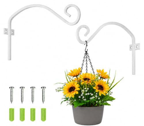 2 St. Design Wandhaken für Blumenampel weiß Eisen 290mm lang UV-beständig stabil mit Schrauben/Dübel flexible Montage rostfrei wasserfest Haken zum Aufhängen für Windspiel Laterne Vogelhäuschen