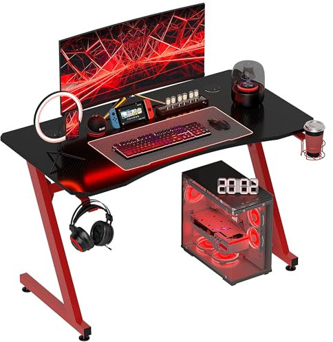 HOMCOM Mesa Gaming 120x65x74,5 cm Escritorio Ergonómico Gaming Desk para Computadora PC con Portavasos Gancho para Auriculares y Pies Ajustables Efecto de Fibra de Carbono Rojo