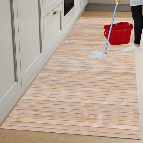 parpyon® Tappeto cucina Antiscivolo Lavabile BAMBOO passatoia al metro tappeto multiuso Finitura decapata shabby Chic tappeti bagno in legno resistente (BEIGE, 80 CM)