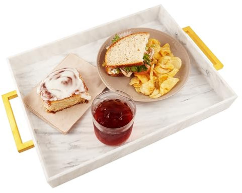 Bandeja para Servir de Acrílico con Asas Doradas, Bandejas Decorativas de 40,6 x 30,5 cm para Mesa de Café, Servidor de Bebidas a Prueba de Derrames, Cocina, Plato de Fiesta (Mármol)