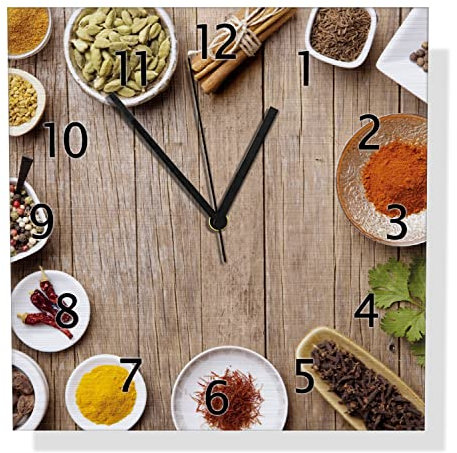 Wallario Design Wanduhr Gewürze in Schüsseln auf einem Alten Holztisch in der Küche aus Aluverbund, Alu-Uhr Größe 30 x 30 cm, Schwarze Zeiger mit Metalloptik