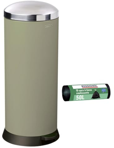 ROSSIGNOL Poubelle de cuisine à pédale et 10 sacs-poubelle. Capacité 30L, Fabrication française, Fermeture silencieuse, Seau intérieur amovible BOMBA