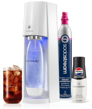 SodaStream - E-TERRA Soda Maker | STARTER KIT | 3 Automatic Carbonation Levels | Includes 1x CO2 Cylinder, 1x 32 Fl Oz Dishwasher Safe Bottle, 1x Pepsi Zero Sugar Mix, 1x Power Adapter | White
