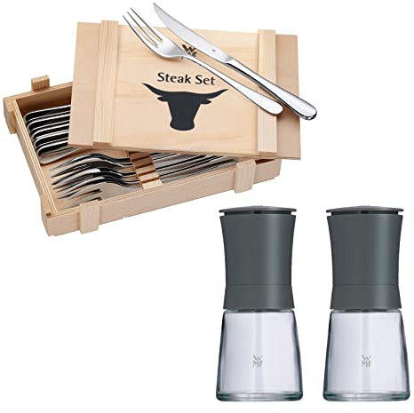 WMF Trend Mühlenset 2tlg, Salz- und Pfeffermühle unbefüllt, Glasbehälter, Keramikmahlwerk, Mühle für Salz, Pfeffer, Gewürze, grau (Steakbesteck & Mühlenset)