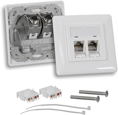 Sat-Fox Keystone Dose Netzwerkdose Datendose Unterputz + 2X CAT 6a Keystone Jack Modul RJ45 Buchse - CAT Netzwerk für Verlegekabel vollgeschirmt Weiss (2 Stück)