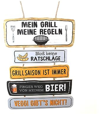 LB H&F Holzschild Holzbild Grillregeln mit 5 Sprüchen - Deko-Schild für Grillecke – „Mein Grill, Meine Regeln“ - Schild XL Grillen Bier Männer Deko Grillecke Außenküche 46 x 35cm