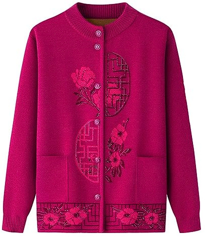Bqxxdeo Manteau Chaud pour Mère Âgée D'âge Moyen Pull De Grand-Mère Cardigan Tricoté en Polaire Haut Vêtements d'automne Et d'hiver