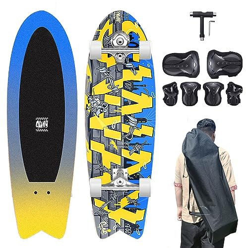 Surfskate Skateboard, 85 A Pump Surf Skate, S5 Truck Skate Komplett, ABEC-9 Monopatin Surfen, 85A Pump Surf Skate, Unisex Erwachsene Kinder mit 6 Stück Schutzausrüstung und Rucksack, Stacheldraht
