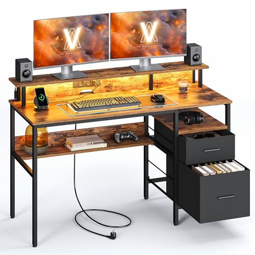 VASAGLE Escritorio con Cajones de Tela, Luces LED y Tomas Corriente Incorporadas, Estante para Monitor, 55 x 135 x 90 cm, 2 Puertos USB-A, para Oficina Casa, Marrón Rústico LWD094K02