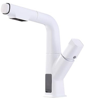 WRJAHCG Waschraumarmaturen Flexibel Messing Einhandmischer Waschbeckenarmatur 360° Drehund Anhebbarer Einzelgriff Wasserhahn Bad Mit Ausziehbar Brause Digitalanzeige,A:White