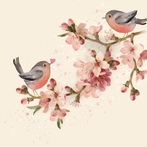 20 servilletas de papel con diseño de pájaros pequeños en flores de cerezo para decoración de mesa. Servilletas de papel con diseño. También para decoupage y decoupage (33 x 33 cm)