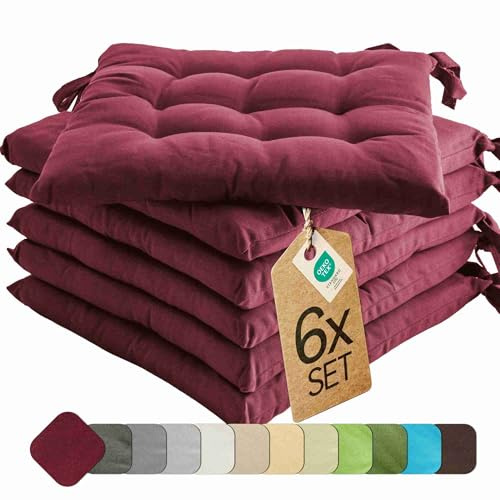 etérea Basic Sitzkissen 40x40 cm 6er Set mit Bändern Bordeaux | Mit Bändern · Fest gepolstert · Indoor & Outdoor · 30°C waschbar · 55% Baumwolle, 45% Polyester · OEKO-TEX Made in Green