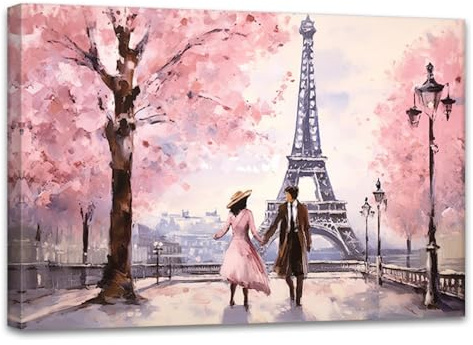 ZQQART Paris Leinwandbild Eiffelturm Bild Wanddekoration Paar in der Straße Gemälde Drucke Wohnzimmer Schlafzimmer Dekor Rahmen(Paris -1,40x60cm)